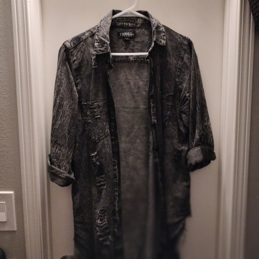 Thrill Deconstruct Long Denim Print Button Downov… - image 2